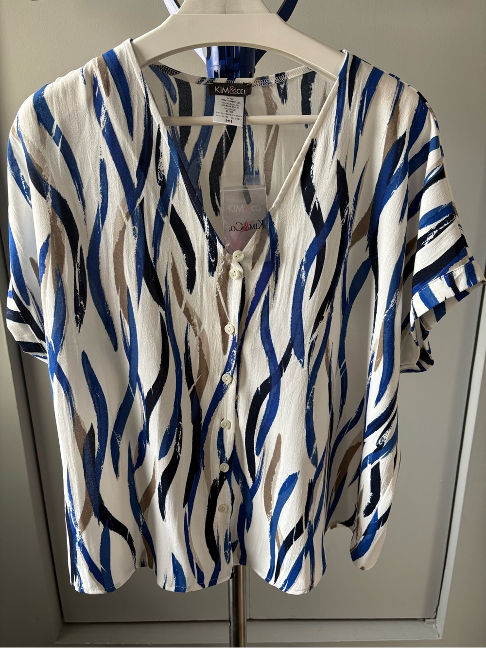 🇨🇦 KIM& CO. Abstract Print Crinkle Poplin Button-up Short Sleeve Blouse XL NWT